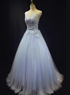 Light Blue Tulle Round Neckline Floor Length Party Dress , Blue Formal Gowns