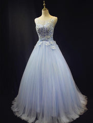 Light Blue Tulle Round Neckline Floor Length Party Dress , Blue Formal Gowns