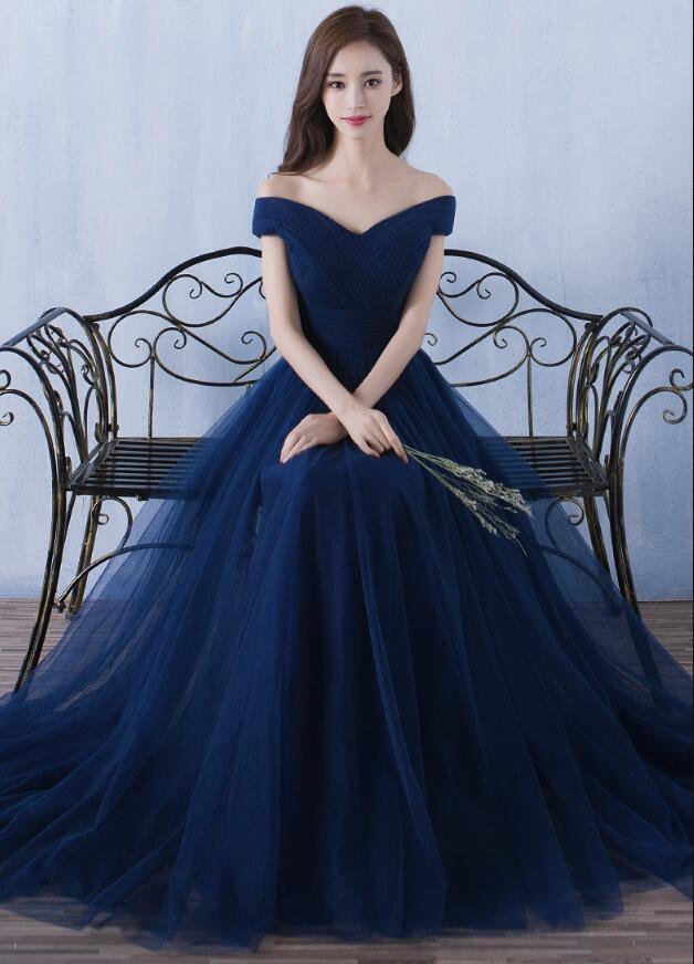 Simple Tulle Navy Blue Prom Dress, Sweetheart Off Shoulder Bridesmaid Dress