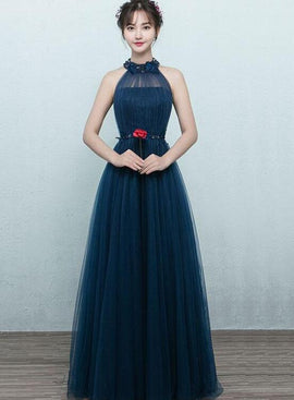 Beautiful Navy Blue Halter Tulle Prom Dress , Blue Long Formal Gown