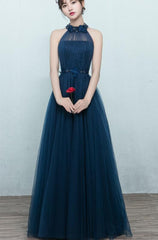 Beautiful Navy Blue Halter Tulle Prom Dress , Blue Long Formal Gown