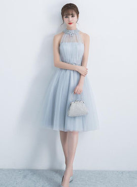 Beautiful Light Grey Halter Tulle Knee Length Party Dress , Charming Formal Dress