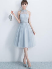 Beautiful Light Grey Halter Tulle Knee Length Party Dress , Charming Formal Dress