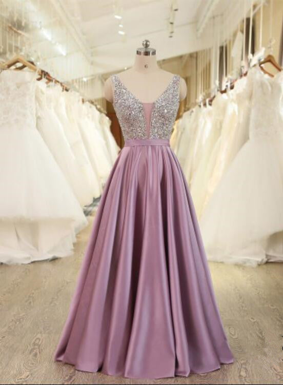 Pink Satin with Beaded V-neckline Long Party Dress, Gorgeous Formal Gowns