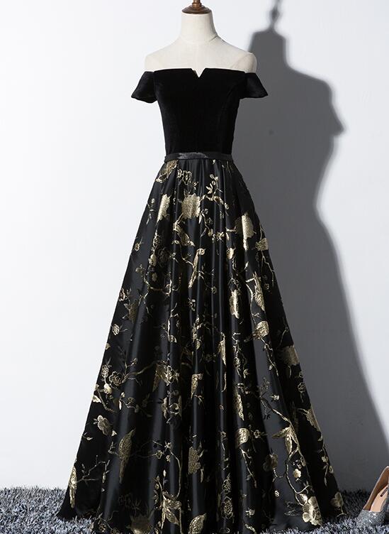 Black Off Shoulder Velvet and Floral Long Party Dress, Prom Dress