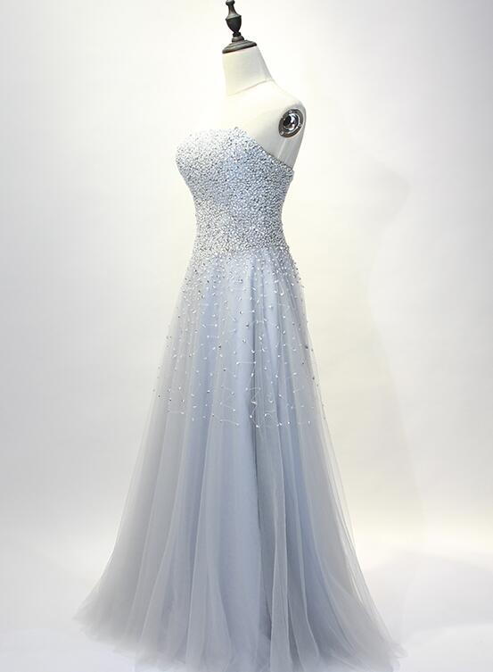 Beautiful Light Grey Tulle Beaded Tulle Formal Dress , Grey Handmade Party Gowns