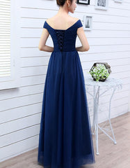Beautiful Navy Blue Tulle Bridesmaid Dress, Tulle Off Shoulder Party Dress