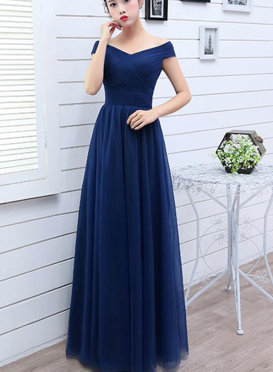 Beautiful Navy Blue Tulle Bridesmaid Dress, Tulle Off Shoulder Party Dress
