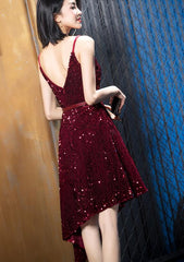 Wine Red Sequins Sexy High Low Party Dress, Sequins Evening Gowns