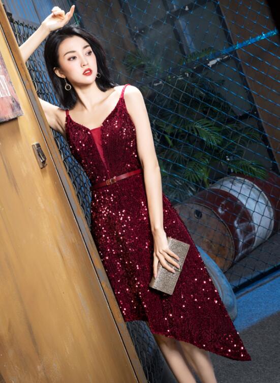 Wine Red Sequins Sexy High Low Party Dress, Sequins Evening Gowns