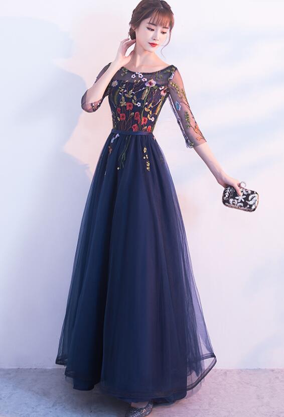 Beautiful Navy Blue Tulle Party Dress  with Flowers, Elegant Wedding Party Dress