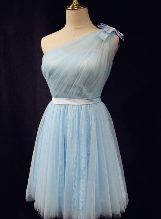 Light Blue One Shoulder Tulle and Lace Homecoming Dress, Bridesmaid Dress