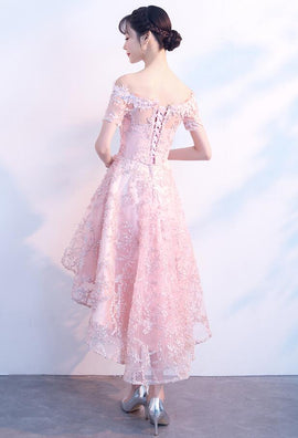 Light Pink Lace Off Shoulder High Low Party Dress, Pink Homecoming Dresses