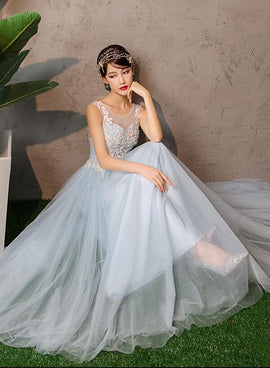 Light Blue Tulle Elegant Long Junior Prom Dress, Lace Applique Formal Dress