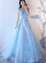Light Blue Lace Long Gorgeous Party Dress, Blue Formal Dress