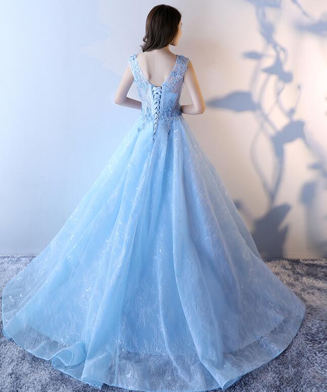 Light Blue Lace Long Gorgeous Party Dress, Blue Formal Dress