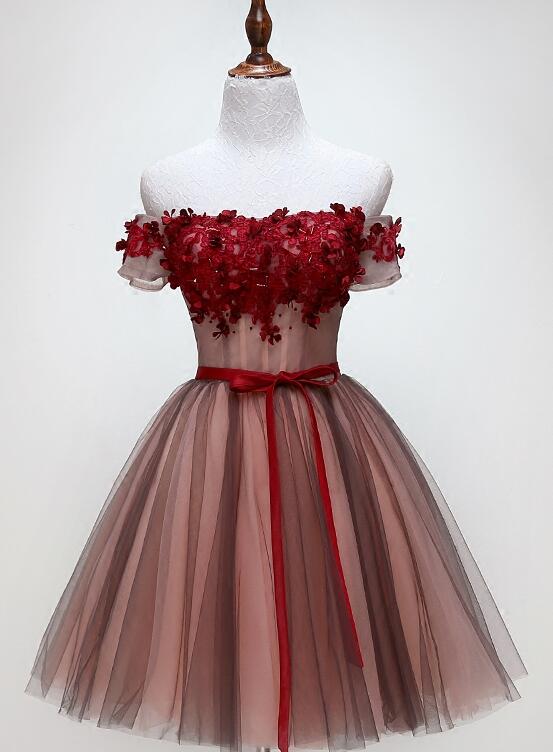 Beautiful Off Shoulder Tulle Knee Length Party Dress , Red Homecoming Dress with Applique