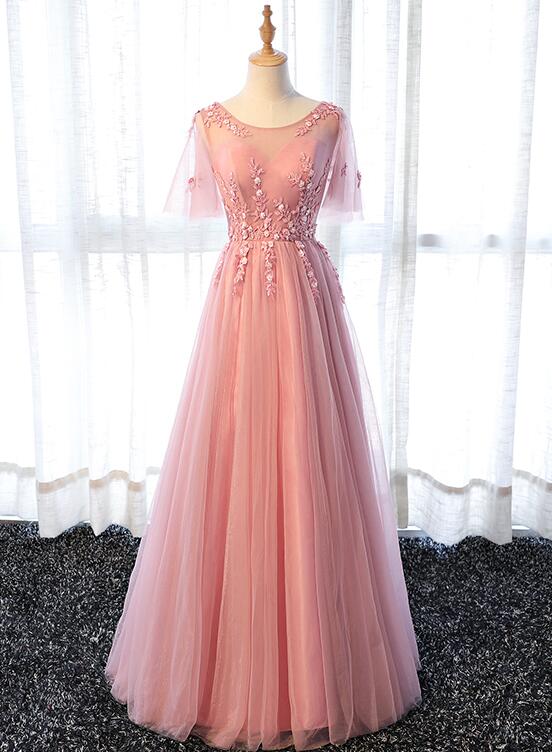 Pink Tulle Elegant Party Dress Long, Handmade Formal Gowns , Prom Dress