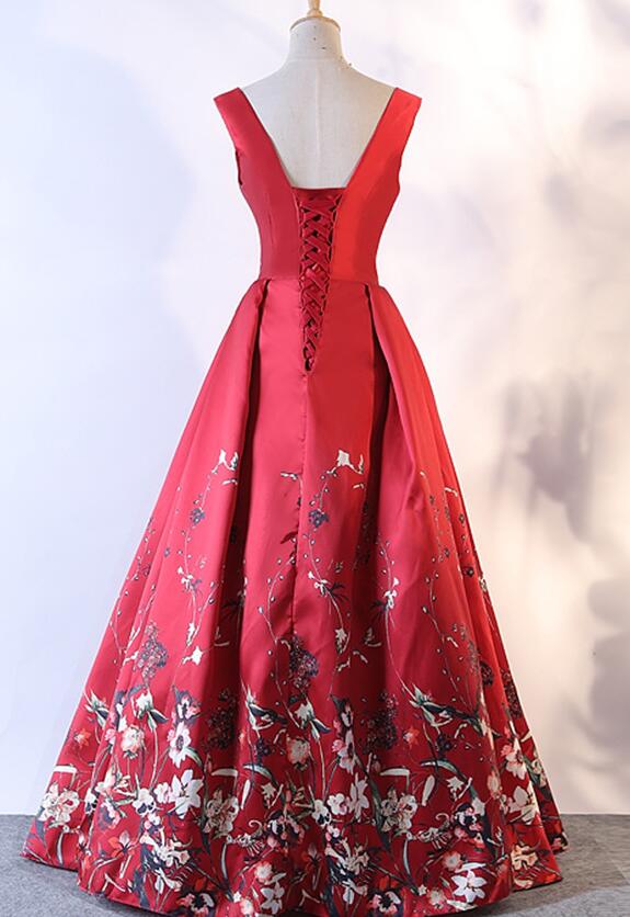Red Satin Flowers Beautiful V-neckline Party Dress , Charming Formal Gown