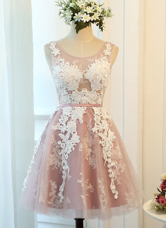 Dark Pink Tulle Round Neckline Short Party Dress with Applique, Lovely Homecoming Dress