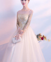 Beautiful Light Champagne Long Sleeves with Gold Applique, Charming Formal Gowns 2019