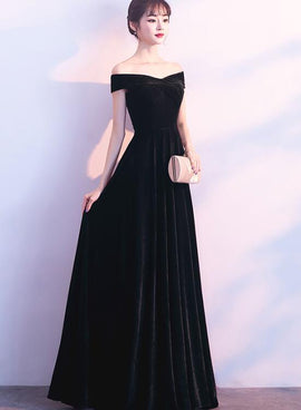 Black Velvet Off Shoulder Long Formal Dress , Black Party Dress , Black Bridesmaid Dress