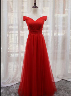 Red Tulle Off Shoulder Simple Bridesmaid Dress , Charming Formal Dress A-line Red Gown