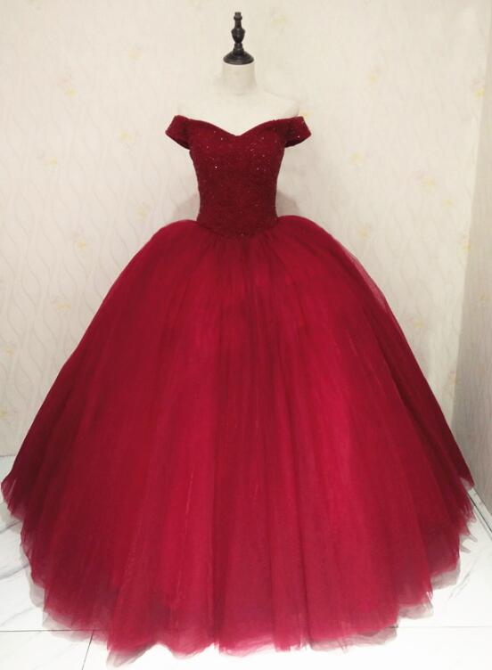 Beautiful Wine Red Off Shoulder Sweet 16 Gowns, Party Dresses , Sparkle Formal Dress