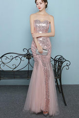 Beautiful Mermaid Blush Pink Sequins and Tulle Mermaid Formal Dress, Long Evening Dresses