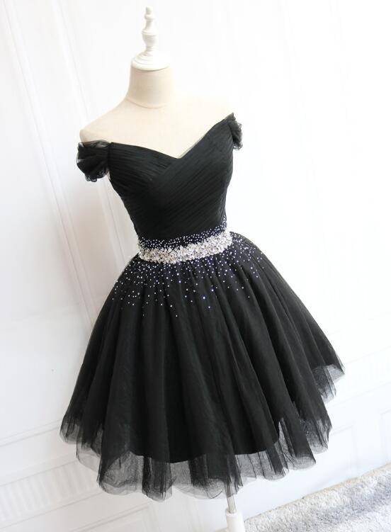 Beautiful Black Knee Length Off Shoulder Beaded Homecoming Dresses, Little Black Dresses
