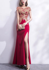 Pretty Cap Sleeves Slit Spandex Floor Length Party Dress, Charming Formal Gown