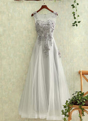 Elegant Grey Tulle Applique Formal Dress , Lovely Grey Prom Dresses