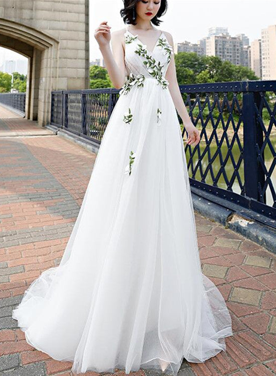 Beautiful White Straps Cross Back Long Tulle Formal Gown, Sexy Party Gown