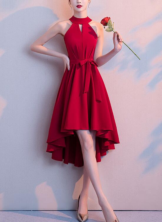 Beautiful Wine Red Chiffon Halter High Low Bridesmaid Dress , Homecoming Dress