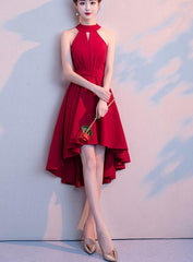 Beautiful Wine Red Chiffon Halter High Low Bridesmaid Dress , Homecoming Dress