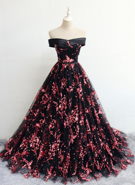Black Floral Off Shoulder Lace-up Formal Dress , Party Gown Formal Dress