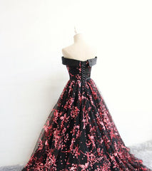 Black Floral Off Shoulder Lace-up Formal Dress , Party Gown Formal Dress