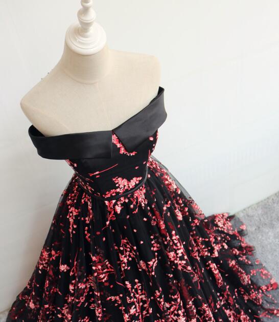 Black Floral Off Shoulder Lace-up Formal Dress , Party Gown Formal Dre Cutedressy Black Floral Off Shoulder Lace-up Formal Dress , Party Gown Formal Dre Cutedressy