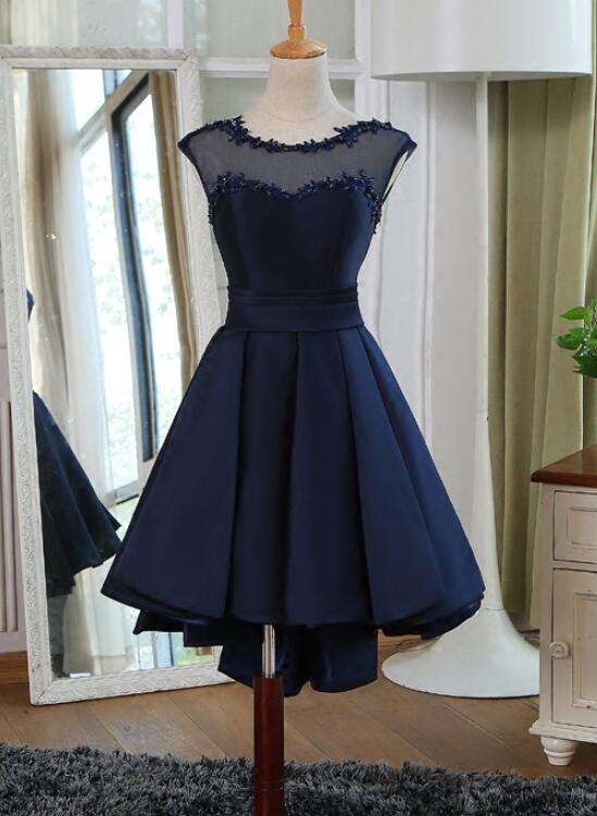 Beautiful Navy Blue Satin High Low Formal Dress, Dark Blue Homecoming Dress