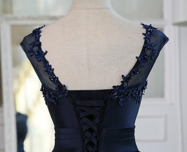 Beautiful Navy Blue Satin High Low Formal Dress, Dark Blue Homecoming Cutedressy Beautiful Navy Blue Satin High Low Formal Dress, Dark Blue Homecoming Cutedressy