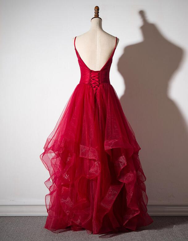 Red Straps Tulle Elegant Long Formal Dress , Red Party Gown
