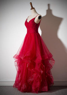 Red Straps Tulle Elegant Long Formal Dress , Red Party Gown
