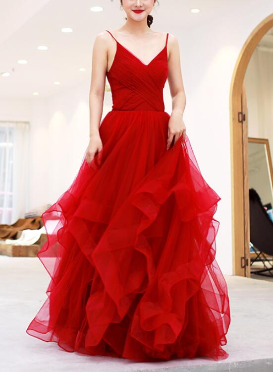 Red Straps Tulle Elegant Long Formal Dress , Red Party Gown