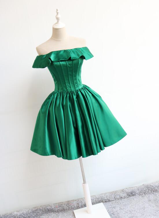 Dark Green Off Shoulder Satin Wedding Party Dress, Beautiful Homecoming Dress