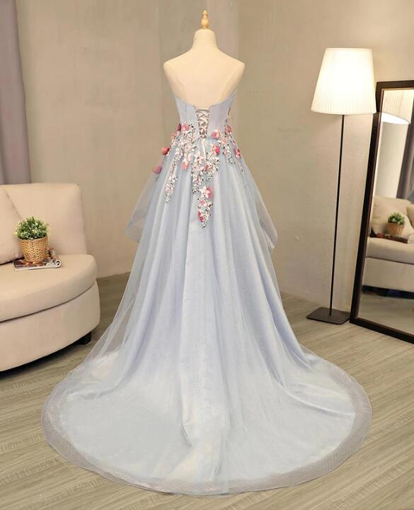 Cute Light Grey High Low Flowers Party Dress, Charming Formal Dress