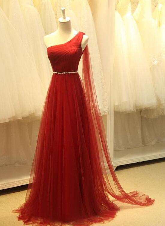 Beautiful One Shoulder Wine Red Junior Prom Dress, Bridesmaid Dresses