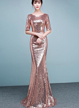 Beautiful Rose Gold Sequins Mermaid Bridesmaid Dress, Long Wedding Party Dresses