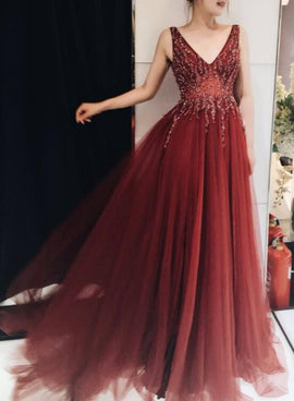 Charming V-neckline Tulle Beaded Prom Gown, Evening Dresses