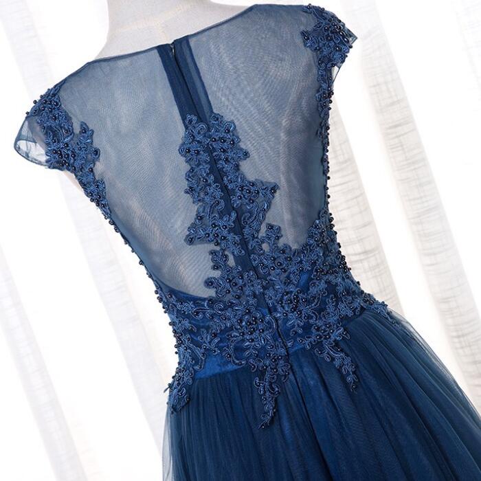 Charming Navy Blue Tulle Round Neckline Party Dress, Blue Evening Gown