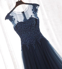 Charming Navy Blue Tulle Round Neckline Party Dress, Blue Evening Gown